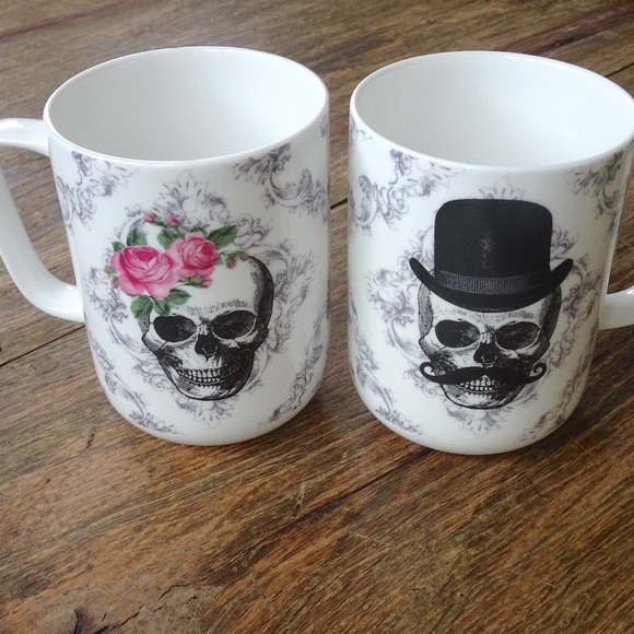 His & Hers Portobello By Design Bone Chine Steampunk Halloween Skull Coffee Mugs - Picture 3 of 7